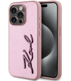 Rožinis dėklas Apple iPhone 15 Pro telefonui "Karl Lagerfeld Wrinkled PU Signature Logo Case"