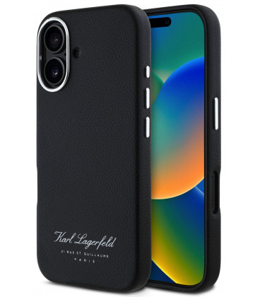 Juodas dėklas Apple iPhone 16 telefonui "Karl Lagerfeld Grained PU Hotel RSG Case"