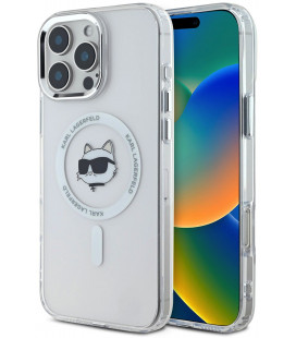 Skaidrus dėklas Apple iPhone 16 Pro telefonui "Karl Lagerfeld IML Choupette Head Metal Frame MagSafe Case"