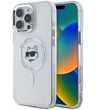 Skaidrus dėklas Apple iPhone 16 Pro telefonui "Karl Lagerfeld IML Choupette Head Metal Frame MagSafe Case"