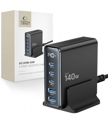 Juodas PD140W/QC3.0 2xUSB-A + 3xUSB-C pakrovėjas "Tech-Protect DC140W-GAN 5-Port"