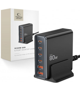 Juodas PD80W/QC3.0 2xUSB-A + 4xUSB-C pakrovėjas "Tech-Protect DC80W-GAN 6-Port"