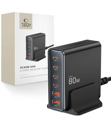 Juodas PD80W/QC3.0 2xUSB-A + 4xUSB-C pakrovėjas "Tech-Protect DC80W-GAN 6-Port"