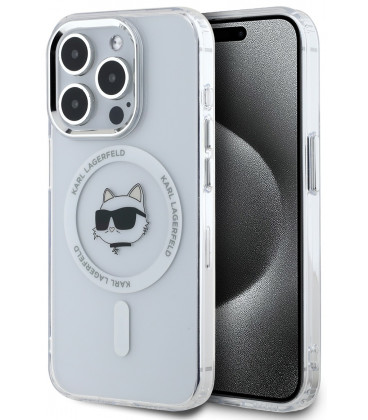 Skaidrus dėklas Apple iPhone 15 Pro telefonui "Karl Lagerfeld IML Choupette Head Metal Frame MagSafe Case"