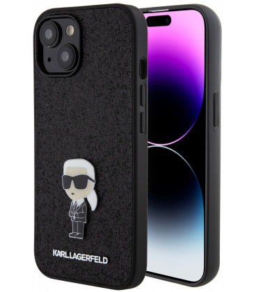 Juodas dėklas Apple iPhone 15 telefonui "Karl Lagerfeld Fixed Glitter Metal Ikonik Case"