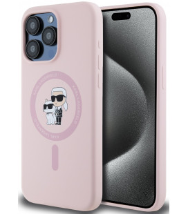 Rožinis dėklas Apple iPhone 15 Pro telefonui "Karl Lagerfeld Liquid Silicone Karl and Choupette MagSafe Case"