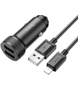 Juodas 2xUSB-A automobilinis pakrovėjas + USB-A - Lightning laidas "Hoco Z49"