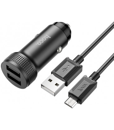 Juodas 2xUSB-A automobilinis pakrovėjas + USB-A - MicroUSB laidas "Hoco Z49"