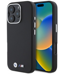 Juodas dėklas Apple iPhone 16 Pro telefonui "BMW M PU Kevlar Metal Logo Case"