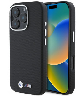 Juodas dėklas Apple iPhone 16 Pro Max telefonui "BMW M PU Kevlar Metal Logo Case"