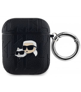 Juodas dėklas Apple Airpods 1 / 2 ausinėms "Karl Lagerfeld PU Embossed Karl and Choupette Heads Case"