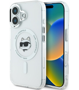 Skaidrus dėklas Apple iPhone 16 telefonui "Karl Lagerfeld IML Choupette Head Metal Frame MagSafe Case"