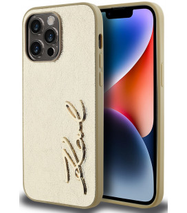 Auksinės spalvos dėklas Apple iPhone 14 Pro telefonui "Karl Lagerfeld Wrinkled PU Signature Logo Case"