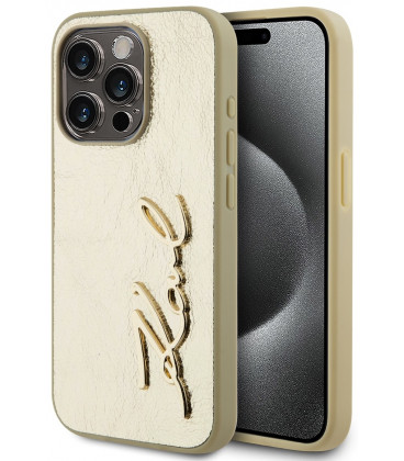 Auksinės spalvos dėklas Apple iPhone 15 Pro telefonui "Karl Lagerfeld Wrinkled PU Signature Logo Case"