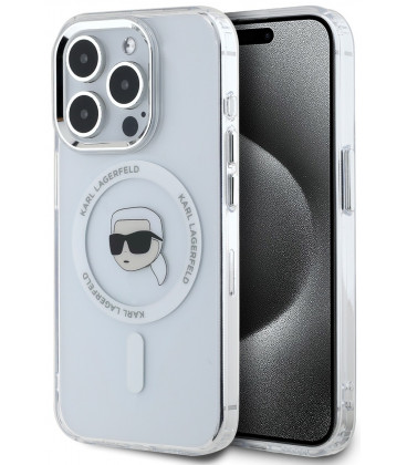 Skaidrus dėklas Apple iPhone 15 Pro telefonui "Karl Lagerfeld IML Karl Head Metal Frame MagSafe Case"