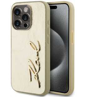 Auksinės spalvos dėklas Apple iPhone 15 Pro Max telefonui "Karl Lagerfeld Wrinkled PU Signature Logo Case"