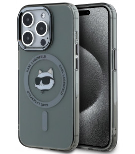 Juodas dėklas Apple iPhone 15 Pro telefonui "Karl Lagerfeld IML Choupette Head Metal Frame MagSafe Case"