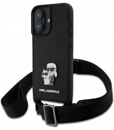 Juodas dėklas su dirželiu Apple iPhone 16 telefonui "Karl Lagerfeld Saffiano Crossbody Strap Metal Karl and Choupette Case"