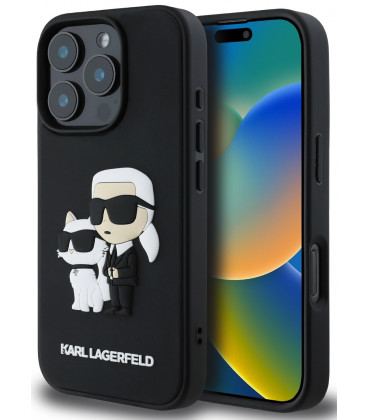 Juodas dėklas Apple iPhone 16 Pro telefonui "Karl Lagerfeld 3D Rubber Karl and Choupette Case"