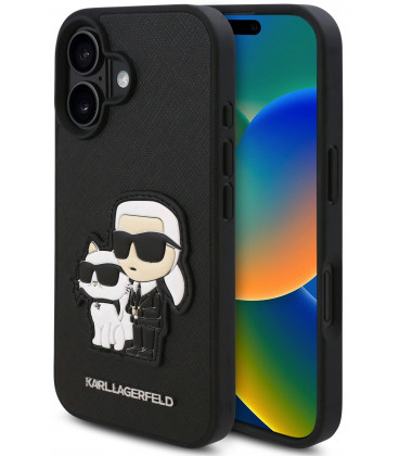 Juodas dėklas Apple iPhone 16 telefonui "Karl Lagerfeld PU Saffiano Karl and Choupette Case"