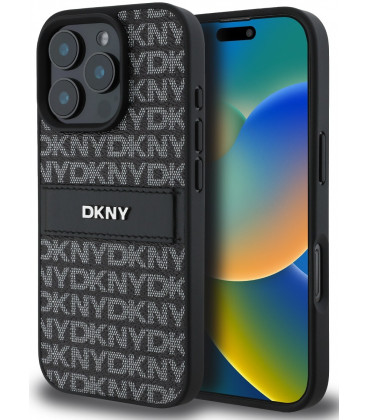 Juodas dėklas Apple iPhone 16 Pro telefonui "DKNY PU Leather Repeat Pattern Tonal Stripe Case"