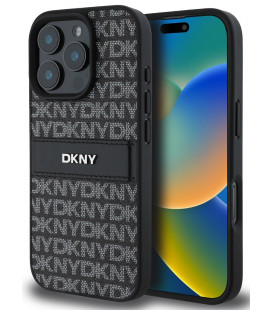 Juodas dėklas Apple iPhone 16 Pro Max telefonui "DKNY PU Leather Repeat Pattern Tonal Stripe Case"