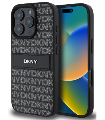 Juodas dėklas Apple iPhone 16 Pro Max telefonui "DKNY PU Leather Repeat Pattern Tonal Stripe Case"