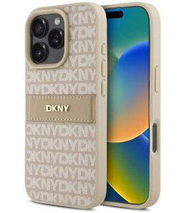 Rožinis dėklas Apple iPhone 16 Pro telefonui "DKNY PU Leather Repeat Pattern Tonal Stripe Case"