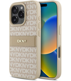 Rožinis dėklas Apple iPhone 16 Pro Max telefonui "DKNY PU Leather Repeat Pattern Tonal Stripe Case"