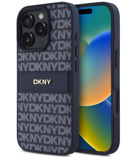 Mėlynas dėklas Apple iPhone 16 Pro telefonui "DKNY PU Leather Repeat Pattern Tonal Stripe Case"