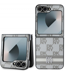 Smėlio spalvos dėklas Samsung Galaxy Z Flip 6 / 7 FE telefonui "DKNY PU Leather Checkered Pattern and Stripe Case"