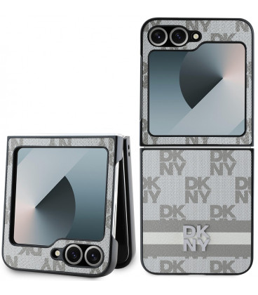 Smėlio spalvos dėklas Samsung Galaxy Z Flip 6 / 7 FE telefonui "DKNY PU Leather Checkered Pattern and Stripe Case"