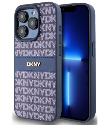 Mėlynas dėklas Apple iPhone 15 Pro telefonui "DKNY PU Leather Repeat Pattern Tonal Stripe Case"