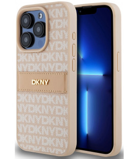 Rožinis dėklas Apple iPhone 15 Pro telefonui "DKNY PU Leather Repeat Pattern Tonal Stripe Case"