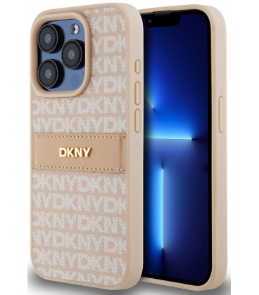 Rožinis dėklas Apple iPhone 15 Pro telefonui "DKNY PU Leather Repeat Pattern Tonal Stripe Case"