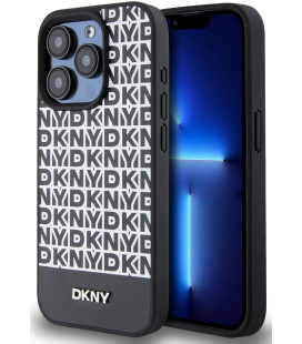 Juodas dėklas Apple iPhone 15 Pro telefonui "DKNY PU Leather Repeat Pattern Bottom Stripe MagSafe Case"