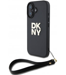 Juodas dėklas Apple iPhone 16 telefonui "DKNY PU Leather Stack Logo Wrist Strap Case"