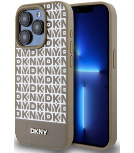 Rudas dėklas Apple iPhone 15 Pro telefonui "DKNY PU Leather Repeat Pattern Bottom Stripe MagSafe Case"