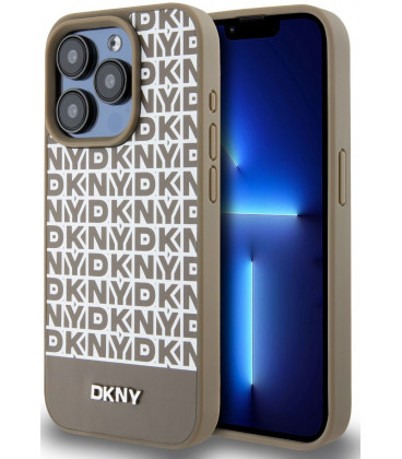 Rudas dėklas Apple iPhone 15 Pro telefonui "DKNY PU Leather Repeat Pattern Bottom Stripe MagSafe Case"