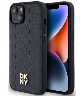 Juodas dėklas Apple iPhone 14 telefonui "DKNY PU Leather Repeat Pattern Stack Logo MagSafe Case"