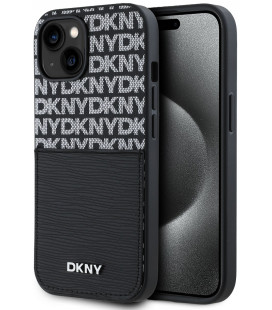 Juodas dėklas Apple iPhone 15 telefonui "DKNY PU Leather Repeat Pattern Card Pocket Case"