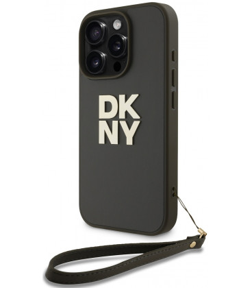 Tamsiai žalias dėklas Apple iPhone 16 Pro telefonui "DKNY PU Leather Stack Logo Wrist Strap Case"