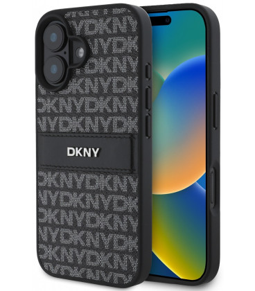 Juodas dėklas Apple iPhone 16 telefonui "DKNY PU Leather Repeat Pattern Tonal Stripe Case"