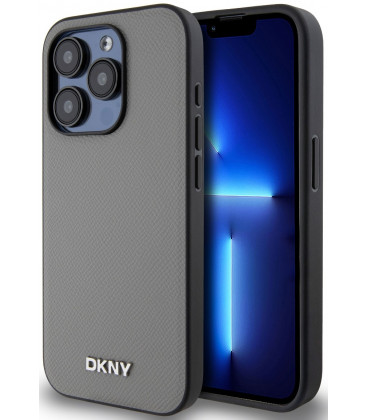 Pilkas dėklas Apple iPhone 15 Pro telefonui "DKNY PU Leather Silver Metal Logo Magsafe Case"