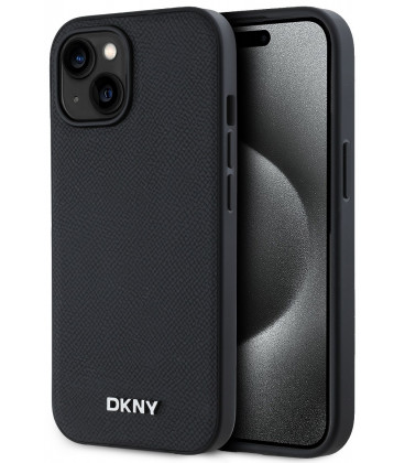 Juodas dėklas Apple iPhone 15 telefonui "DKNY PU Leather Silver Metal Logo Magsafe Case"