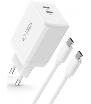 Baltas 2xUSB-C PD45W pakrovėjas + USB-C - USB-C 100 cm laidas "Tech-Protect NC45W-GAN 2-Port"