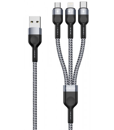 Pilkas USB-A - (USB-C + MicroUSB + Lightning) 120cm laidas "DUZZONA A3 3in1"