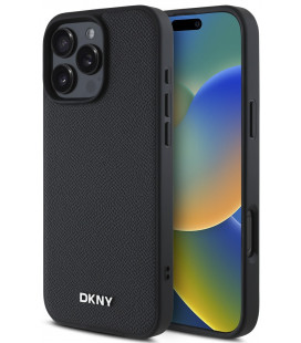 Juodas dėklas Apple iPhone 16 Pro telefonui "DKNY PU Leather Silver Metal Logo Magsafe Case"