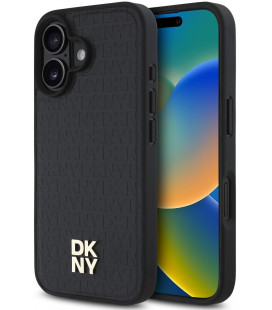 Juodas dėklas Apple iPhone 16 telefonui "DKNY PU Leather Repeat Pattern Stack Logo MagSafe Case"