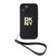 Juodas dėklas Apple iPhone 14 telefonui "DKNY PU Leather Stack Logo Wrist Strap Case"